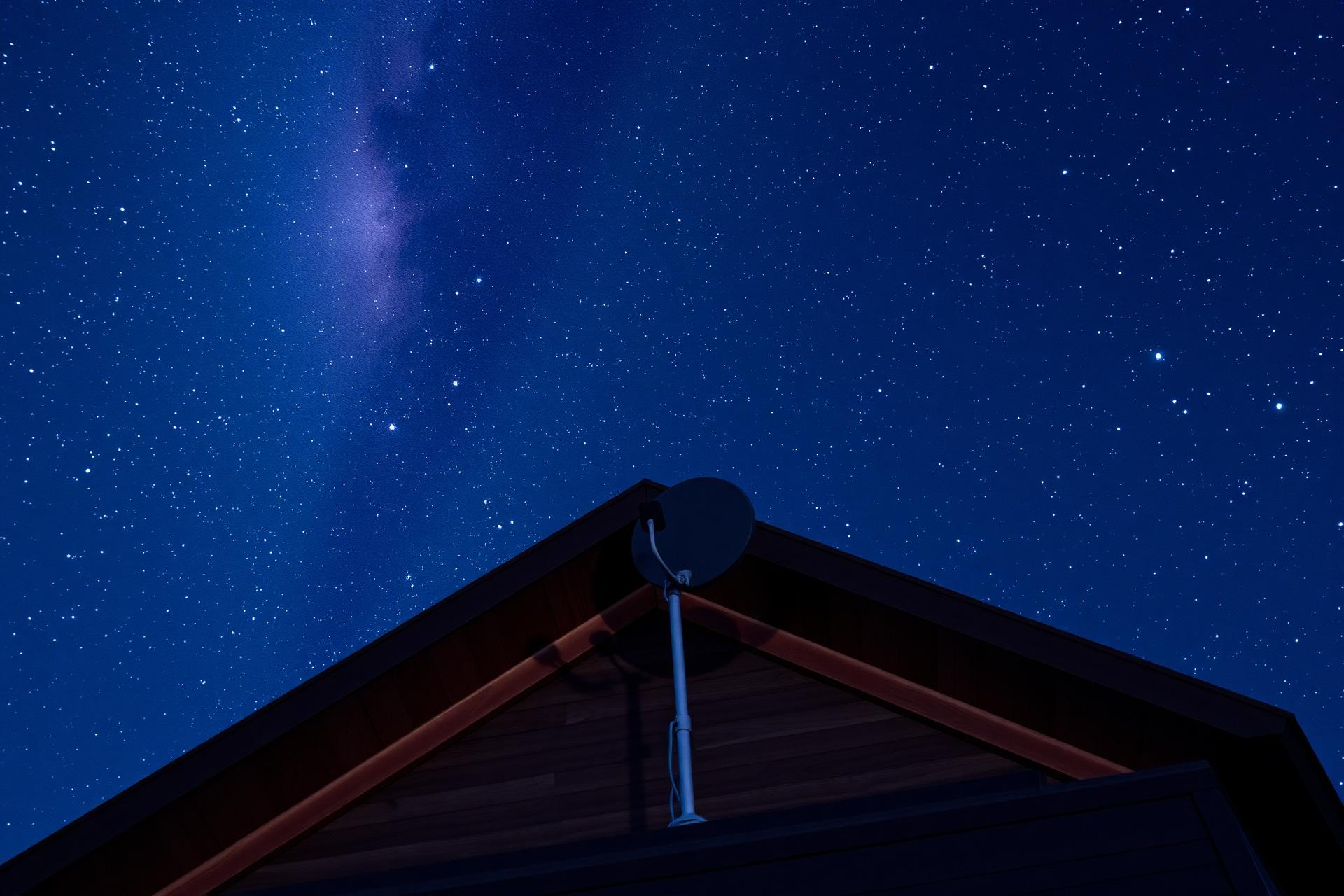 Antena sob céu estrelado representando tecnologia Starlink